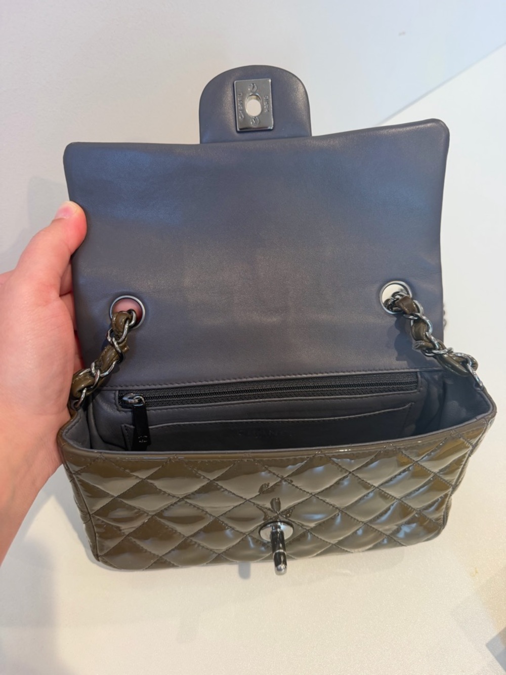 CHANEL Quilted Patent Leather Mini Flap Bag in Olive - Picture 11 of 16